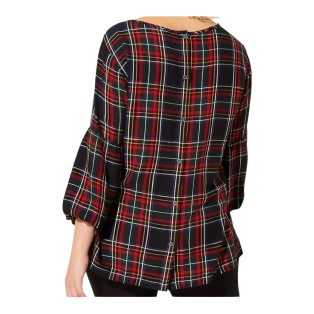 Loft size small red Plaid puff sleeve shirt button back holiday